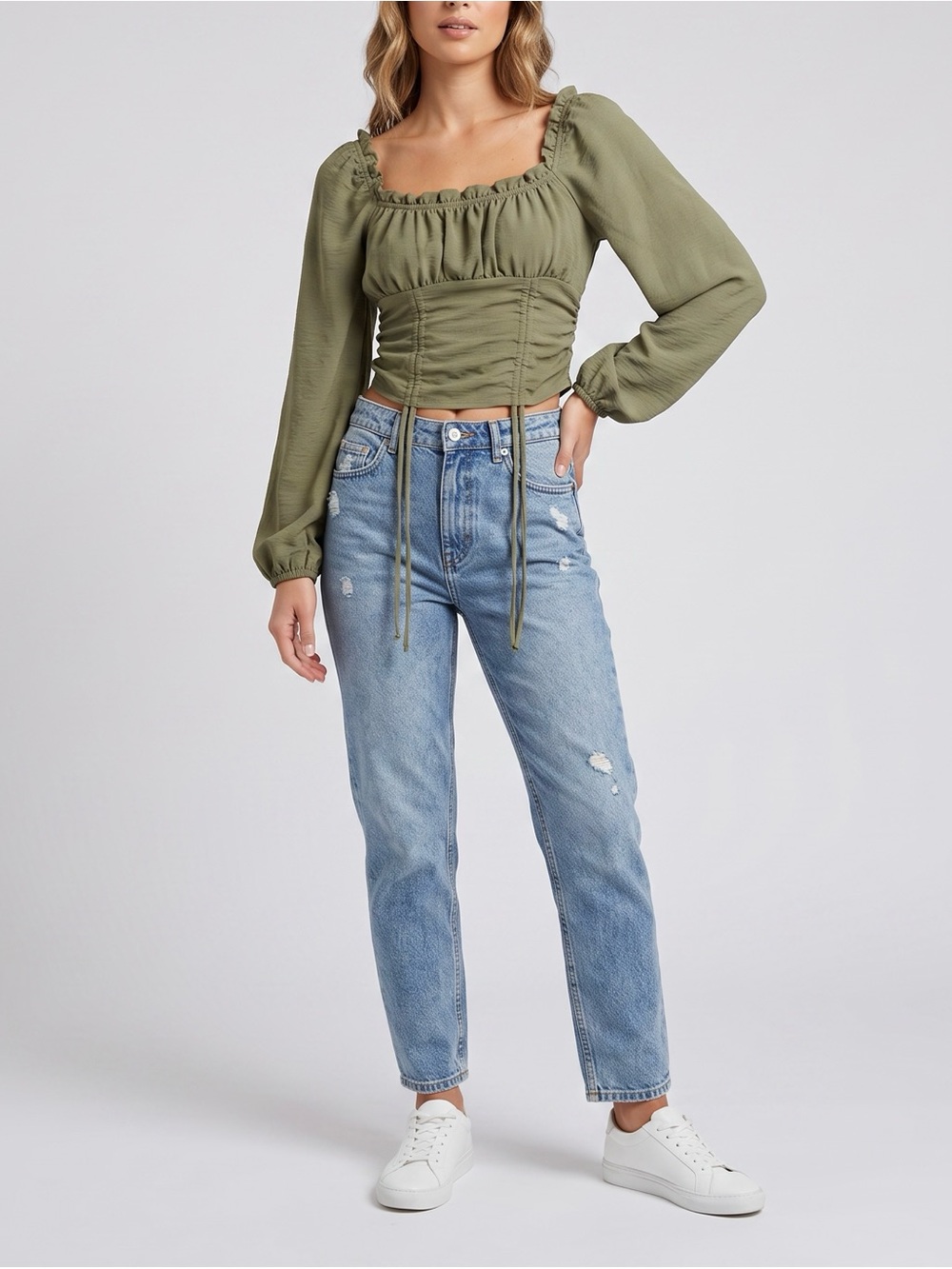 Olive Drawstring Ruched Square-Neck Crop Top